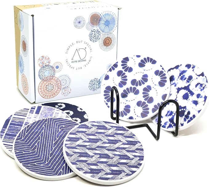 AD Set of 6 Coasters for Drinks Absorbing Round Ceramic Stone Coaster with Cork Base,Tabletop Protection Mat for Mugs and Cups,Office,Kitchen (Shibori with Holder)