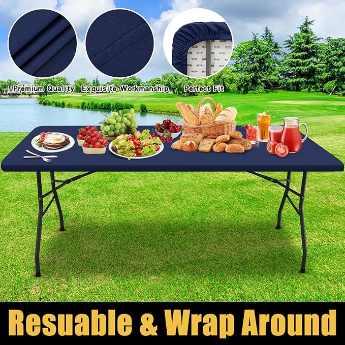 Smiry Rectangle Picnic Table Cloth, Waterproof Elastic Fitted Tablecloths for 6 Foot Tables, Washable Polyester Table Cover for Camping, Indoor and Outdoor (Navy, 36"x72")