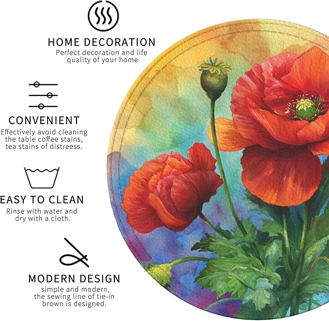 Red Flowers Coasters Leather Round Drink Coasters 6 Pcs Set with Holderor for Cup Drink Coffee Table Bar Home Decor