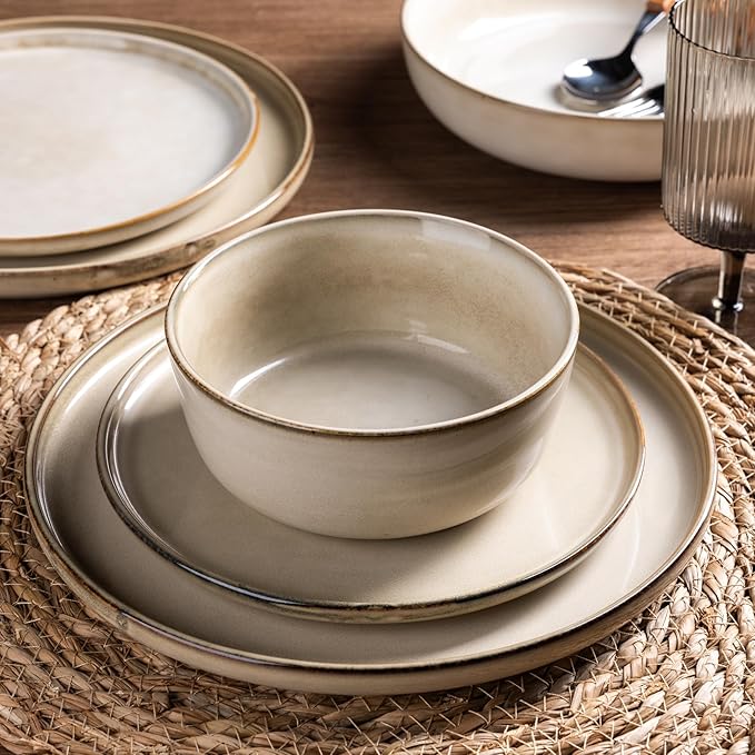 GBHOME 32 Pieces Double Bowls Ceramic Dinnerware Sets for 8, Stoneware Plates and Bowls Set with Reactive Glaze, Scratch Resistant Stoneware Dishes Set, Dishwasher & Microwave Safe