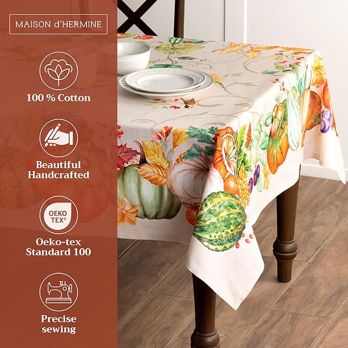 Maison d' Hermine Table Cloth Rectangle Table 100% Cotton 70 x 108 Inches Fall Tablecloth Reusable Everyday Use for Thanksgiving Christmas Decorations Dining Farmhouse Party (Lumina)