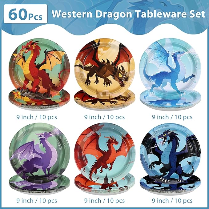 60Pcs Dragon Party Supplies 9” Fire Dragon Party Plates Disposable Dragons Theme Paper Plates Dessert Tableware Set for Kids Boys Fantasy Birthday Supplies Serves 24