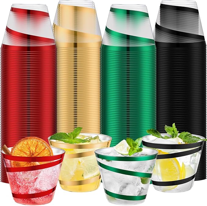Gejoy 9 oz Rimmed Swirl Plastic Cups Disposable Wine Drinking Cups Clear Elegant Halloween Tumblers for Christmas Party Supplies(Black, Green, Red, Gold,100 Pcs)