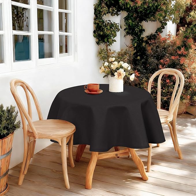 JIUZHEN Round Tablecloth Linen Textured Wrinkle Stain Resistant Farmhouse Table Cloth Decorative Fabric for Kitchen, Dining, Party, Wedding,Outdoor Use,45 Inch Round,Black