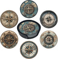 Nautical Compass Coasters for Drinks with Holder Round Leather Coasters Set of 6 Cups Mugs Mat Pad for Home Kitchen Bar