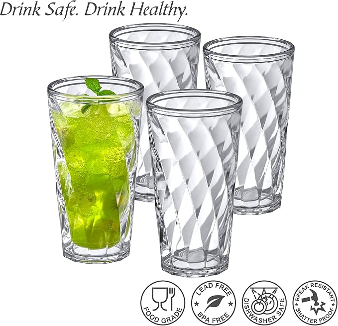 Amazing Abby - Alps - 22-Ounce Insulated Plastic Tumblers (Set of 4), Double-Wall Plastic Drinking Glasses, All-Clear High-Balls, Reusable Cups, BPA-Free, Shatter-Proof, Dishwasher-Safe
