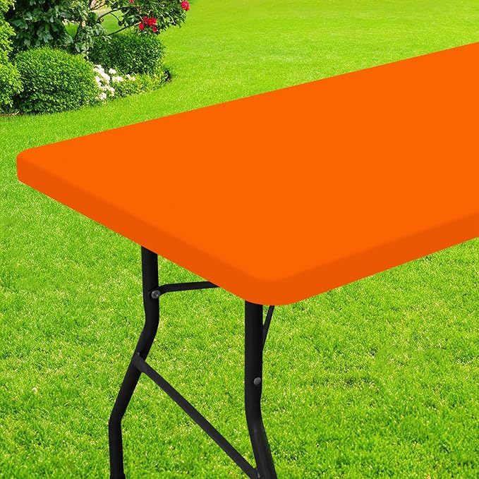 Smiry Rectangle Picnic Table Cloth, Waterproof Elastic Fitted Tablecloths for 8 Foot Tables, Washable Polyester Table Cover for Camping, Indoor and Outdoor (Orange, 30"x96")