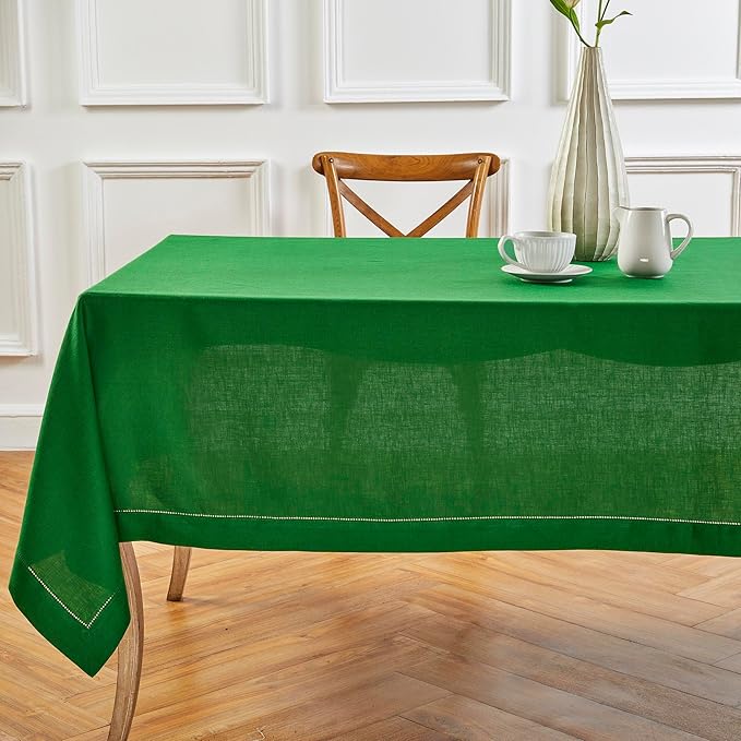 Solino Home Garden Green Linen Tablecloth 60 x 90 Inch - 100% Pure Linen Hemstitch Table Cloth for Rectangle Tables - Classic Hemstitch, Machine Washable Tablecloth for Winter, St Patricks Day, Easter