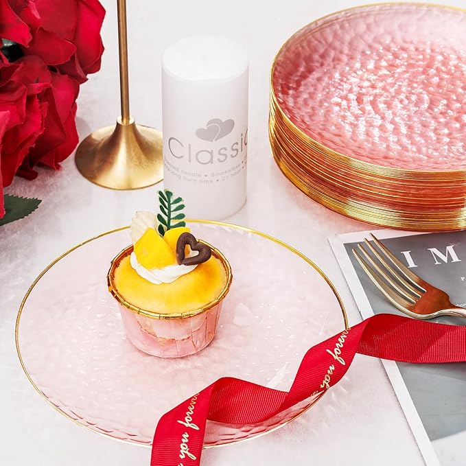 Rubtlamp 60 Pcs Pink Gold Plastic Plates, Gold Hammered Disposable Salad Plates, 7 Inch Disposable Dessert Platos, Plastic Dessert Appetizer Platos Perfect for Mother's Day
