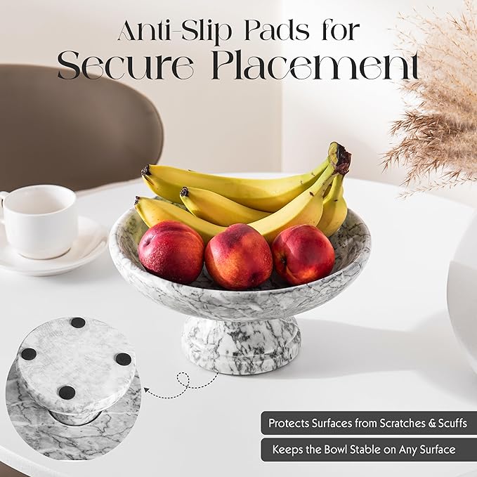 Decorative Marble Bowl with Anti-Slip Pads, Large Countertop Centerpiece and Modern Catch All Bowl for Entryway Keys - Elegant Large Fruit Bowl, White, ~10"