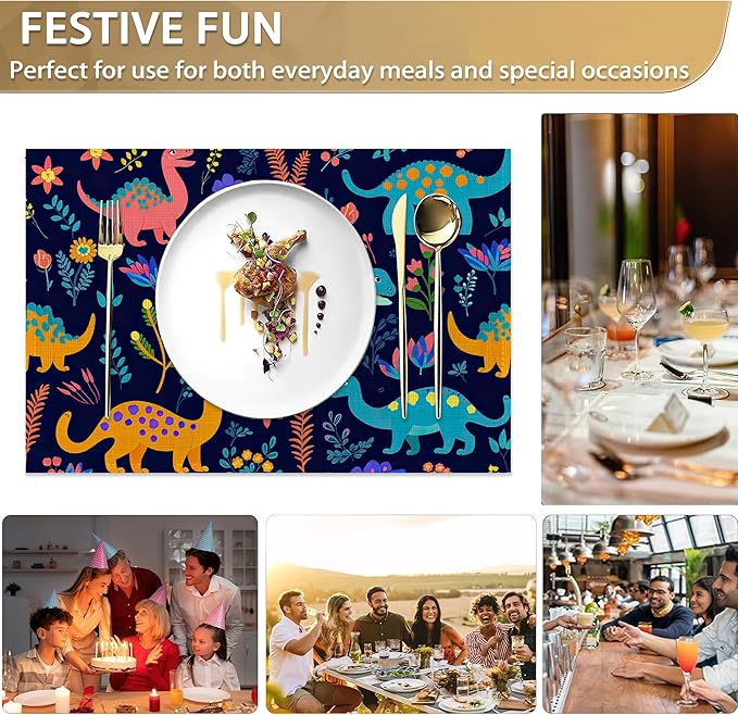 Dinosaurs Placemats Set of 6,12x18 Inch Table Mats for Colorful Dinosaurs Kitchen Table Washable Farmhouse Linen Table Mats Dining Decoration
