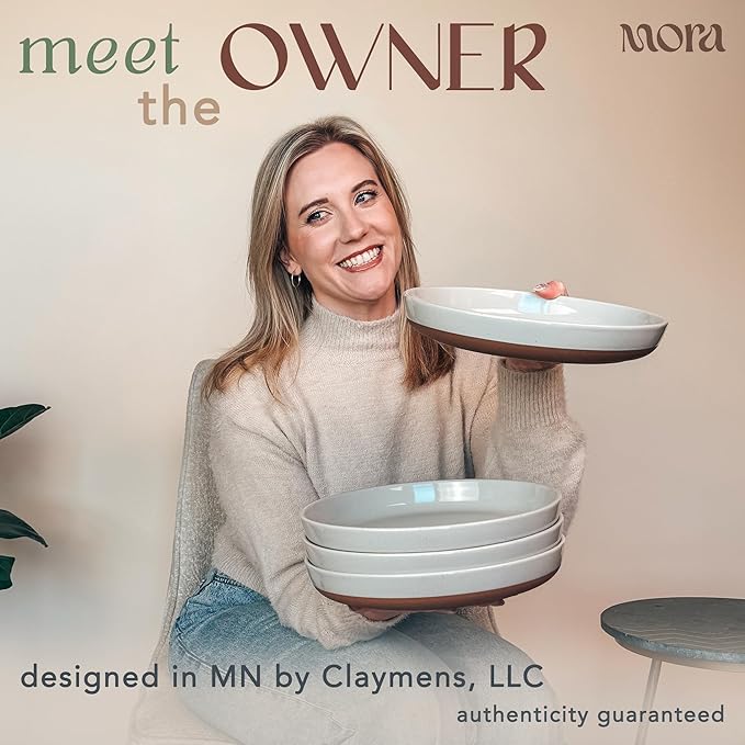 Mora Ceramic Flat Pasta Bowl Set of 4-35oz, Microwave Safe Plate with High Edge - Modern Porcelain Dinnerware for Kitchen and Eating, Large Wide Bowls/Plates for Serving Dinner, Salad, etc- Grey