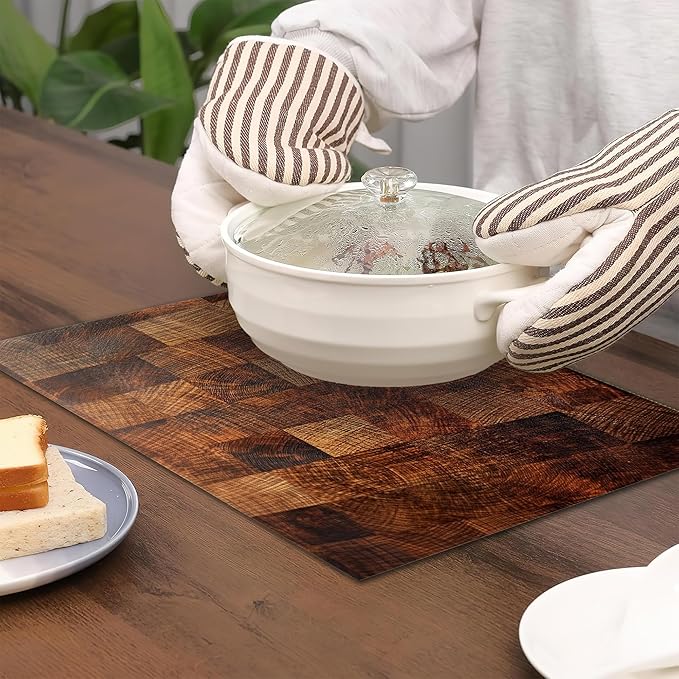 Brown Plaid Wooden Board Placemats Set of 6, Table Mates Non-Slip Heat Resistant Washable Linen Place Mats for Party Kitchen Dining Decoration Indoor Outdoor 12"x18"