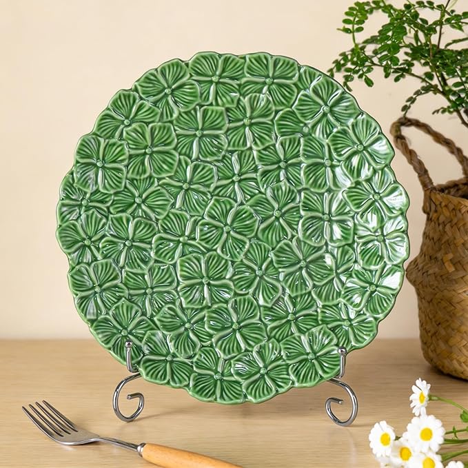 KAMMAK Ceramic Decorative Plate Set of 2, Porcelain Plates for Kitchen Dining Room Wine Cabinet Home Decor, Vintage Collector Plates with 2 Display Stand, Green Flowers (8-inch + 10-inch)