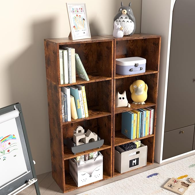 Wooden 4 Cube Storage Organizer, 4 Tier Tall Vintage Bookshelf Freestanding Storage Display Organizer, Versatile Cubes Shelf and Cubby Unit for Living Room, Bedroom, Home Office 15.7inch