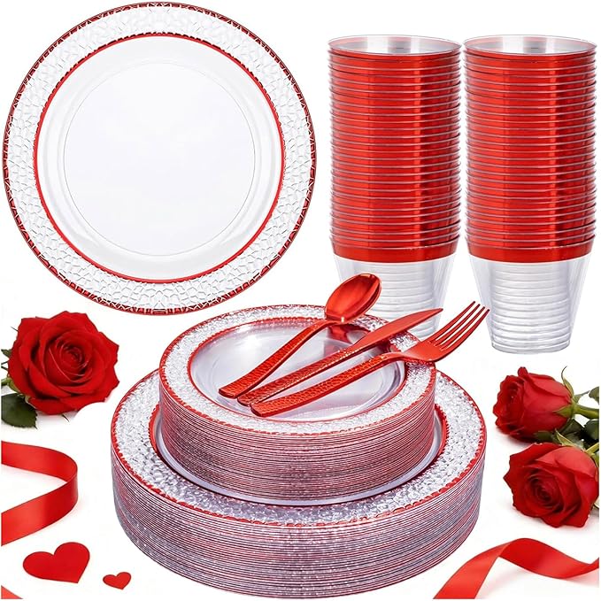 Ciaell 150 PCS Red Plastic Plates – Clear Hammered Disposable Plates with Red Rim include 50Plates, 25Forks, 25Knives, 25Spoons, 25Cups for Wedding & Party & Anniversary & Valentine's Day