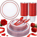 Ciaell 150 PCS Red Plastic Plates – Clear Hammered Disposable Plates with Red Rim include 50Plates, 25Forks, 25Knives, 25Spoons, 25Cups for Wedding & Party & Anniversary & Valentine's Day