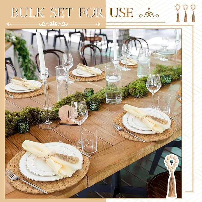 Gejoy 18 Pcs Boho Woven Placemats Wood Bead Napkin Rings with Dinner Napkins Cloth 13.8 Inch Round Water Hyacinth Placemat Farmhouse Rustic Table Chargers Wooden Dinner Ring for Wedding Thanksgiving