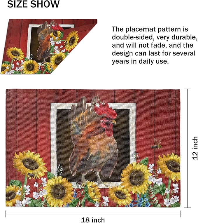 Watercolor Red Barn Cock Placemat Set of 4, Rooster Sunflowers Heart Heat-Resistant Washable Table Place Mats for Kitchen Dining Table Decoration