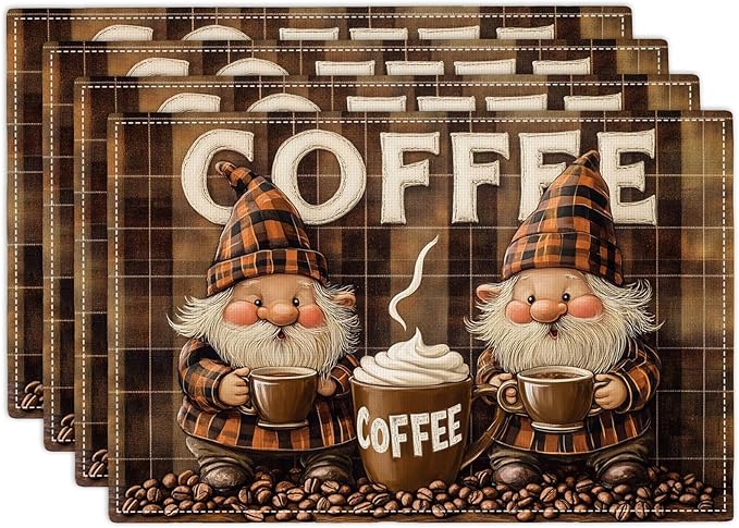 Coffee Gnomes Placemats Set of 4, Cafe Station Table Mats, Washable Place Mats for Coffee Bar Home Party Indoor Kitchen Dining Table Decor 12x18 Inch