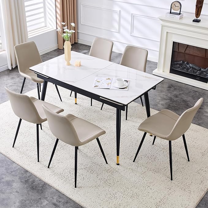 Extendable Dining Table Set for 6, 55'' to 78.8'' Rectangular Thickened Sintered Stone Kitchen Table with 6 Upholstered Chairs, Modern Space Saving 7-Piece Dinner Table Set
