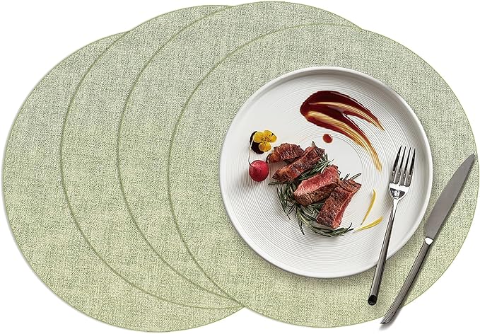 15 inch Faux Leather Round Placemats Set of 4 Non-Slip Washable Wipeable Table Mats, Heat Resistant Waterproof Oilproof Sage Green Place Mats for Kitchen, Dining, Party, Indoor, Outdoor