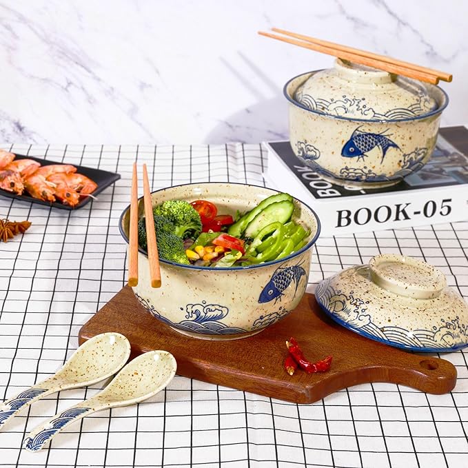 Ceramic Ramen Bowl Set, 800ml, with Lid, Spoon and Chopsticks, Japanese Vintage Large Soup Bowls Instant Noodle Bowl Asian Tableware (Fish*2)