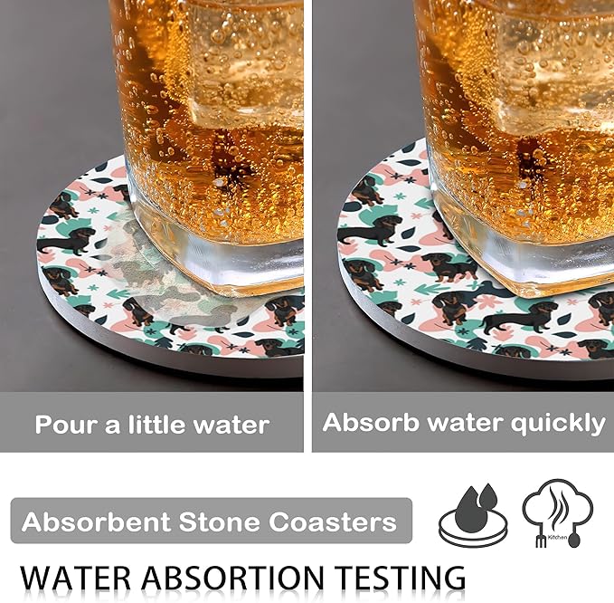 Cute Dog Drink Coasters for Drinks Set of 6,Dachshund Dog Floral Absorbent Round Ceramic Stone Mat Coaster,with Cork Base and Metal Holder, Home Bar Decor House Warming Gift