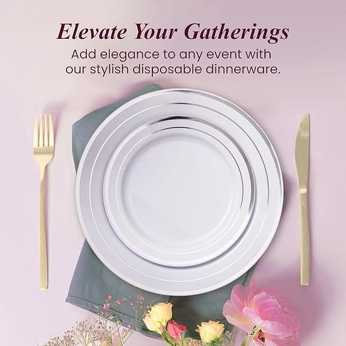 Aya's 60 Silver Rimmed Plastic Plates for Party, Heavy Duty Disposable Plate Set of 30 Dinner and 30 Dessert Plates for Weddings and Special Events, Fancy Disposable Tableware