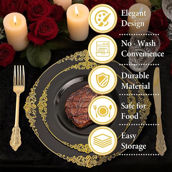 Nervure 100PCS Black Gold Plastic Plates - 7.5 inch Black Plastic Plates with Gold Rim - Disposable Dessert Plates for Wedding & Party