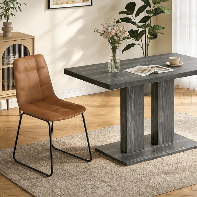 Modern 5-Piece Dining Table Set for 4, 46" Pedestal Dining Table with 4 Leather Chairs, Small Space Saving Kitchen Table Set, Grey Wood Finish Rectangular Table for Dining Room & Apartment