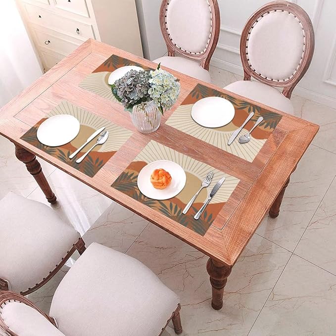 Mid Century Boho Sunset Placemats Vintage Farmhouse Abstract Plant Mountain Sunset Washable Place Mats 12x18Inch for Dining Kitchen Farmhouse Decor 4 PCS