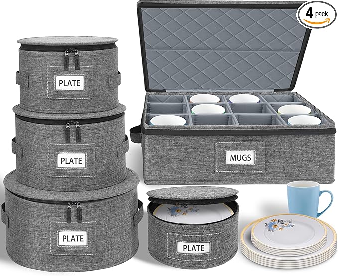 punemi China Storage Containers 5-Piece Set w/Hard Shell Sides & Bottom, Quilted Stackable Plate & Dish Storage Protectors, Adjustable Mug and Cup Storage Organizer for Moving and Dinnerware storage