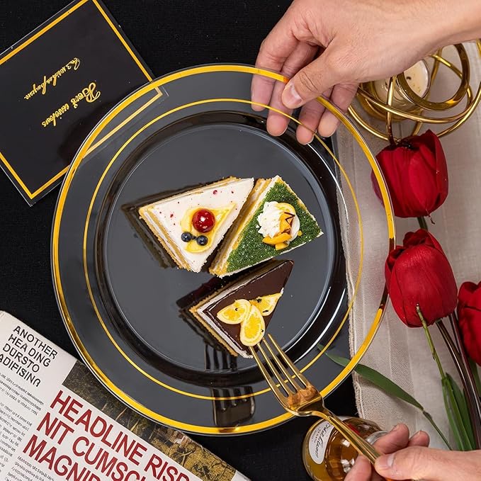 I00000 100PCS Clear Gold Plastic Plates, Clear Dinner Plates with Gold Rim 10 Inch, Fancy Disposable Wedding Premium Plastic Plate for Wedding & Party