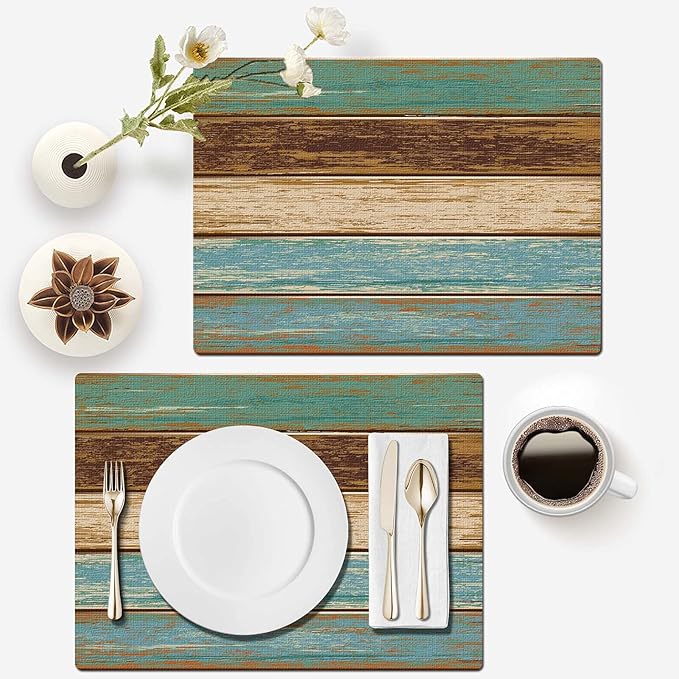 Mcalk Farmhouse Table Runner and Placemats Set of 6 Pieces, Teal and Brown Placemats Wooden Texture,Rectangle Cloth Place Mats Indoor for Kitchen,Washable Placemats Linen Material for Living Table