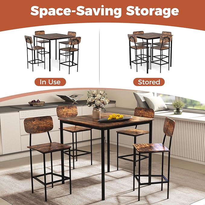 COSTWAY Dining Table Set for 4, 5-Piece Square Kitchen Nook Dinette Set with 4 Bar Stools with Footrest, Backrest, Space-Saving Design, Industrial Kitchen Table and Chairs for Apartment, Coffee
