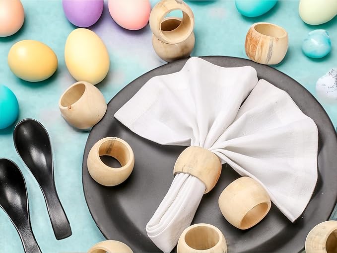 CLEENTABLE Wooden Napkin Rings Set of 12 - Handcrafted Napkin Holder for Dinner Table Decoration, Weddings, Home, Kitchen, Decor, Dinner, Parties, Every Day Use - Durable, Versatile (Cream)