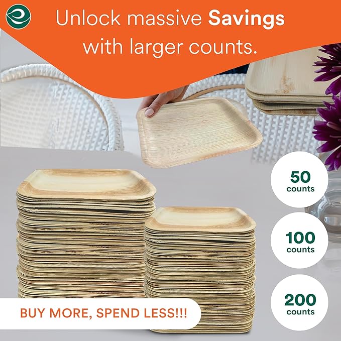 ECO SOUL Palm Leaf Square Plates 7" & 10" (200 Count) Compostable|Biodegradable| Eco-Friendly Disposable Party Plates for Appetizers - Dinner Parties, Wedding, Events & Camping Essentials