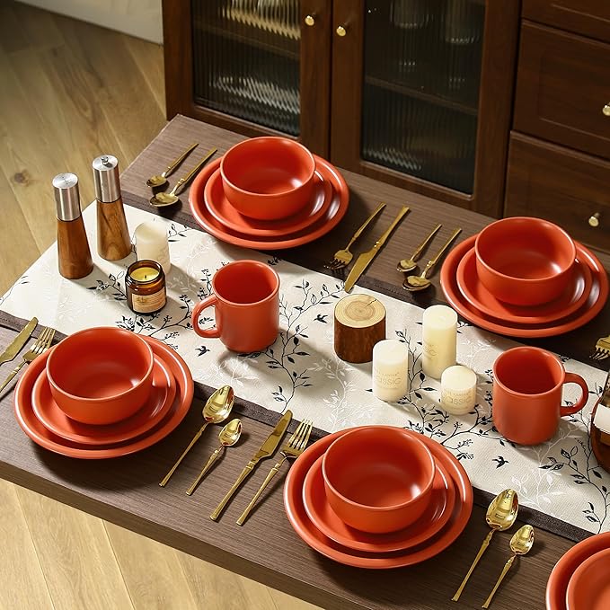 GZG Vintage Series - Ceramic Dinnerware Set for 2, 6 Pieces Stoneware Plates and Bowls Set, Lead-Free, Handcrafted Dishes Set, Microwave & Dishwasher Safe - Terracotta Red