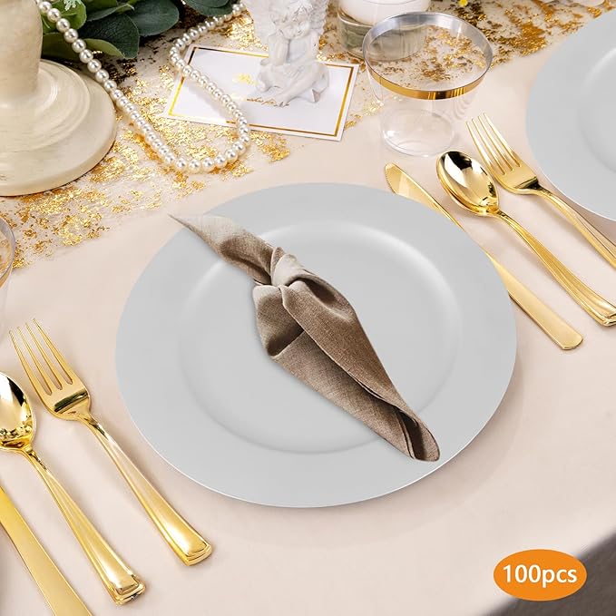 100 Pcs Antique Charger Plates Bulk, 13in Reusable Serving Plates Embossed Rim Plastic Party Dinner Plate Chargers Round Decorative Server Plate for Wedding Party Event Tableware