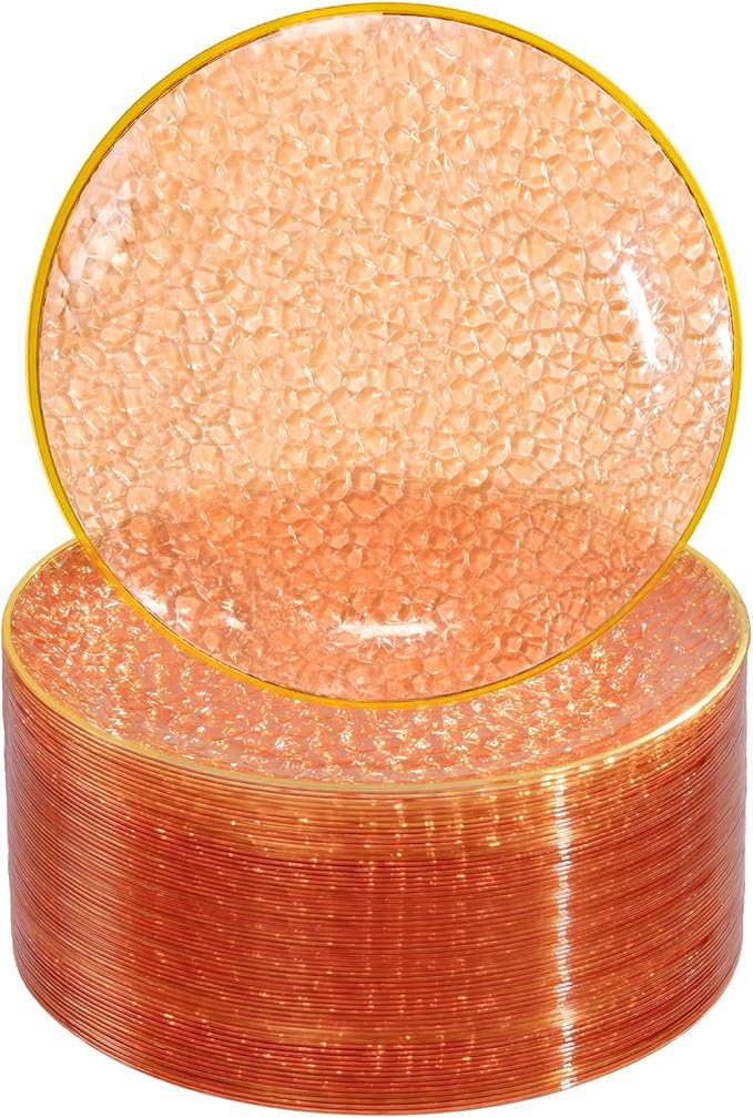Rubtlamp 100 Pcs Clear Orange Gold Plastic Plates, Hammered Orange Party Plates,Heavy duty Dessert Plates,Disposable Salad/Dessert Platos,Clear Gold Plastic Platos 7 Inch For Thanksgiving,Halloween