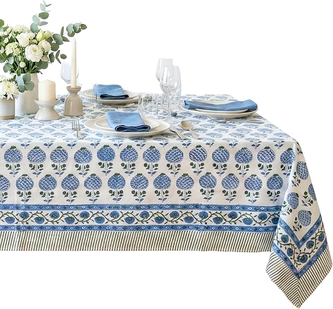 ATOSII Roma Blue 100% Cotton Boho Rectangle Fall Tablecloth, Handblock Floral Print Table Cloth Linen for Kitchen Dining I Parties, Outdoors, Weddings, Christmas, Thanksgiving Decor 60 X 90 Inches