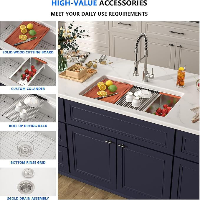 33 White Glossy Kitchen Sink 33''x19'' Undermount Fireclay Sink Single Bowl Porcelain Sinks Ceramic Deep Bowl Farmer Basin with Bottom Grid & Strainer Easy To Clean and Noise Reduction