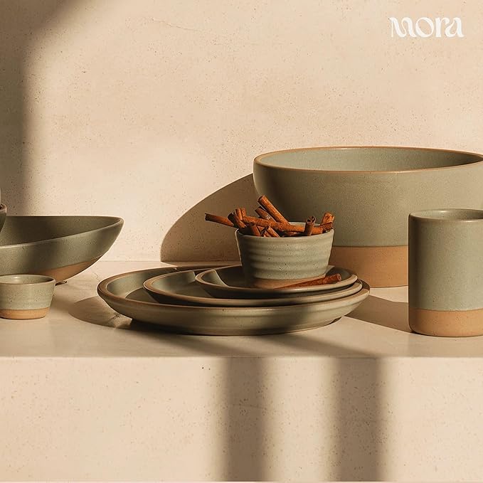 MORA Medium Plates Set of 4, 8.5 inch Ceramic Pottery Salad Plates - Microwave, Oven and Dishwasher Safe - Thyme