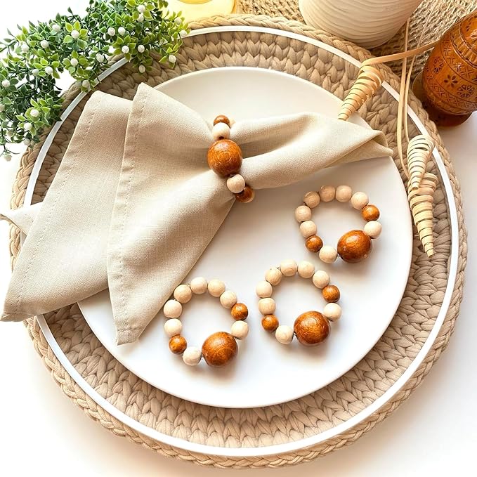 Napkin Rings Set of 6 - Modern Napkin Holder Rings with Wooden Beads | Dinner Napkin Ring for Holiday & Christmas, Birthday Party, & Wedding Decor - Farmhouse Napkin Rings Bulk (Dari)