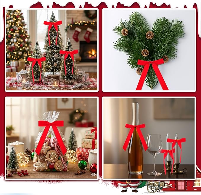 Riceshoot Velvet Bow Napkin Rings Bows with Gold Semicircle Metal Napkin Ring Velvet Bow Holder for Wine Bottles Table Settings Candlestick Wedding Valentine's Day Dinner(Red,6 Pcs)