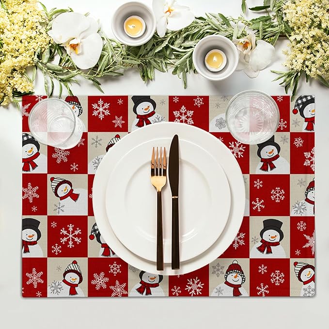 Winter Placemats Set of 4 - Cute Snowflake Snowman Place Mats 12x18 Table Mats Red Beige Buffalo Plaid Kitchen Mats for Party Dining Table