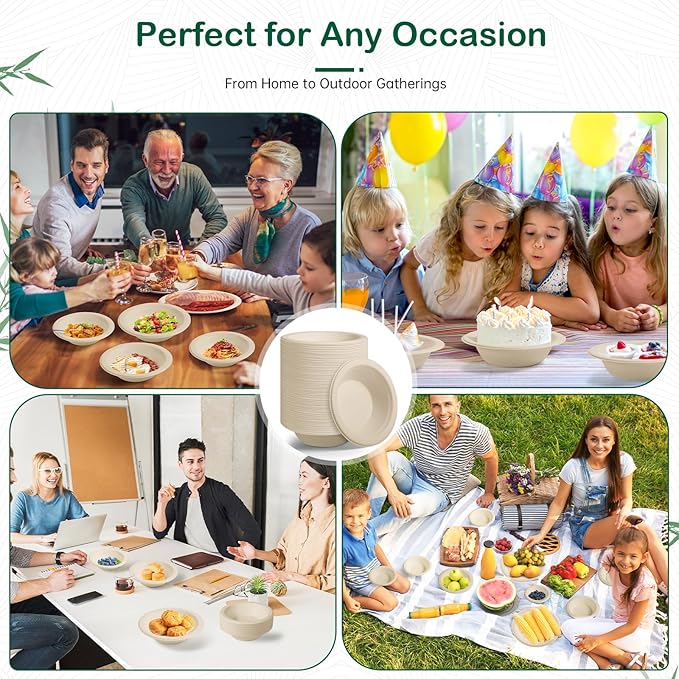 𝟴 𝗼𝘇, 𝟭𝟮𝟴-𝗣𝗮𝗰𝗸 Compostable Paper Bowls, Heavy-Duty Biodegradable Disposable Bowls Made from Bagasse, Eco-Friendly, Microwave & Freezer Safe (Natural)