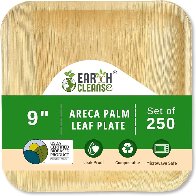 Compostable Palm Leaf Plates 9 Inch Square (200 Pack) | Disposable Biodegradable Plates Like Bamboo & Wooden | Microwave & Oven Safe | Eco-Friendly