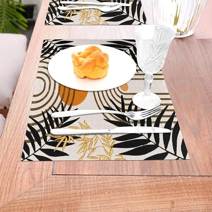 Vintage Mid Century Boho Placemats for Abstract Sun Bamboo Aesthetic Arch Curve Leaves Geometric Washable Place Mats 12x18Inch for Dining Kitchen Farmhouse Decor 6 PCS